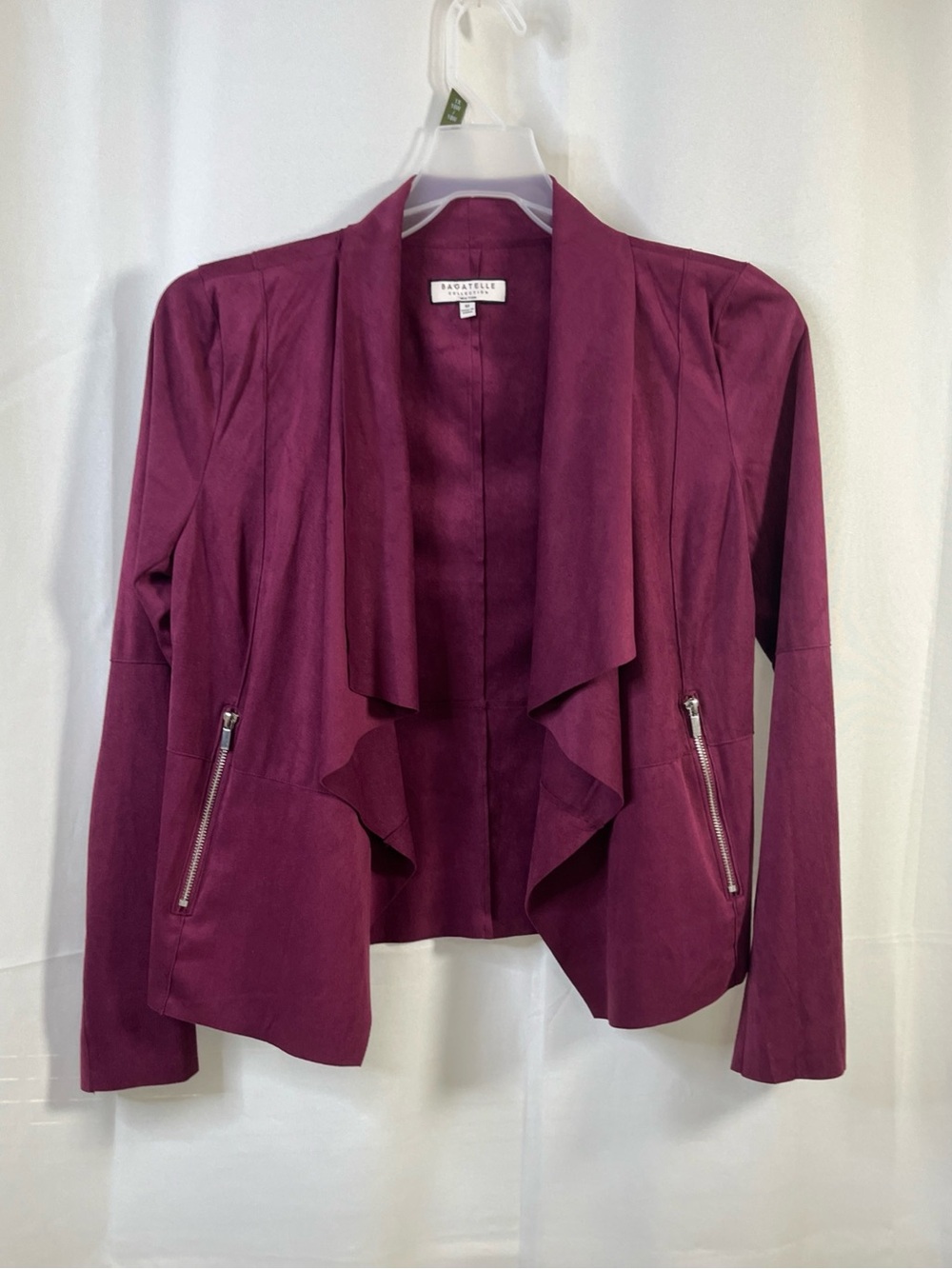 Bagatelle Collection Women's Burgundy Faux Suede Draped Open Front Jacket zip M